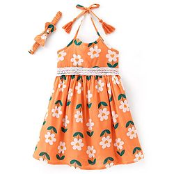 Babyhug 100% Viscose Woven Sleeveless Frock with Head Band Floral Print -Orange