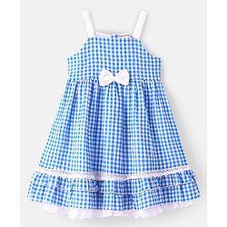 Babyhug Woven Sleeveless Frock Checks Print With Bow Applique - Blue
