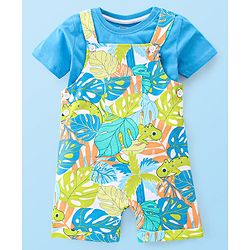 Babyhug 100% Cotton Knit Dungaree & Half Sleeves T-Shirt Set With Text & Tropical Print - Blue & Green
