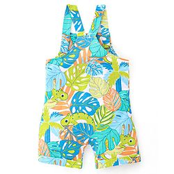 Babyhug 100% Cotton Knit Dungaree & Half Sleeves T-Shirt Set With Text & Tropical Print - Blue & Green