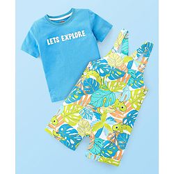 Babyhug 100% Cotton Knit Dungaree & Half Sleeves T-Shirt Set With Text & Tropical Print - Blue & Green