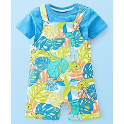 Babyhug 100% Cotton Knit Dungaree & Half Sleeves T-Shirt Set With Text & Tropical Print - Blue & Green