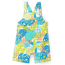 Babyhug 100% Cotton Knit Dungaree & Half Sleeves T-Shirt Set With Text & Tropical Print - Blue & Green