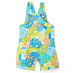 Babyhug 100% Cotton Knit Dungaree & Half Sleeves T-Shirt Set With Text & Tropical Print - Blue & Green