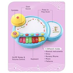 Babyhug Premium 2 in 1 Jazz Drum Piano for Kids- Blue| Fun Musical Toy with Light for Kids| Sound Toy with 8 Multicolored Piano Keys| Pre-school Musical Instrument Learning for 12 Months+ Kids| BIS Certified
