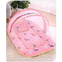 Babyhug Cotton Bedding Set with Mosquito Net Dino Print- Light Pink