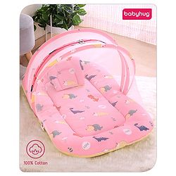 Babyhug Cotton Bedding Set with Mosquito Net Dino Print- Light Pink