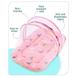 Babyhug Cotton Bedding Set with Mosquito Net Dino Print- Light Pink