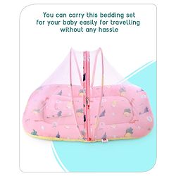 Babyhug Cotton Bedding Set with Mosquito Net Dino Print- Light Pink