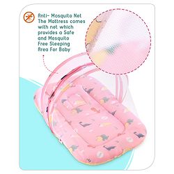 Babyhug Cotton Bedding Set with Mosquito Net Dino Print- Light Pink