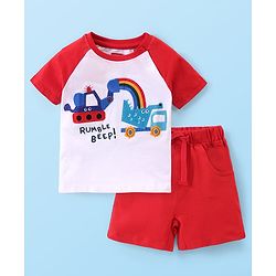 Babyhug 100% Cotton Knit Single Jersey Raglan Sleeves T-Shirt & Shorts With Construction Vehicles Embroidery - Red & White