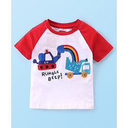 Babyhug 100% Cotton Knit Single Jersey Raglan Sleeves T-Shirt & Shorts With Construction Vehicles Embroidery - Red & White