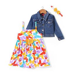 Babyhug Single Jersey Knit Full Sleeves Jacket With  Butterfly Print Frock & Headband- White