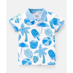 Babyhug Cotton Knit Half Sleeves Polo T-Shirt Beach Theme Blue AOP Print - White