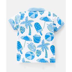 Babyhug Cotton Knit Half Sleeves Polo T-Shirt Beach Theme Blue AOP Print - White