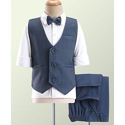 Babyhug Party Wear Full Sleeves Textured Stretch 3 Pieces Party Suit - White & Blue