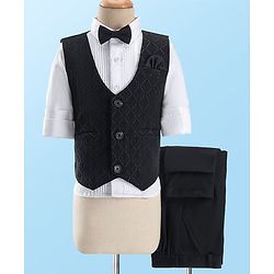 Babyhug Full Sleeves Textured  Waist Coat Set with Bow Solid Colour  - Black & White