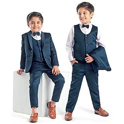 Babyhug Full Sleeves Solid Color 5 Pieces Party Suit With Waistcoat & Bow -Teal Blue