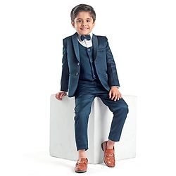 Babyhug Full Sleeves Solid Color 5 Pieces Party Suit With Waistcoat & Bow -Teal Blue