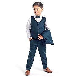 Babyhug Full Sleeves Solid Color 5 Pieces Party Suit With Waistcoat & Bow -Teal Blue