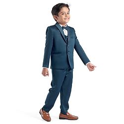 Babyhug Full Sleeves Solid Color 5 Pieces Party Suit With Waistcoat & Bow -Teal Blue