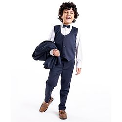Babyhug Full Sleeves Party Suit with Waistcoat & Bow - Navy Blue