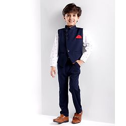 Babyhug Woven Party Suit Solid Colour Waistcoat Set With Full Sleeves Printed Shirt- Navy Blue