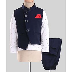 Babyhug Woven Party Suit Solid Colour Waistcoat Set With Full Sleeves Printed Shirt- Navy Blue