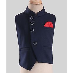Babyhug Woven Party Suit Solid Colour Waistcoat Set With Full Sleeves Printed Shirt- Navy Blue
