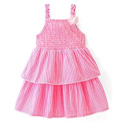 Babyhug Seer Sucker Woven Sleeveless Striped Frock with Floral Corsage - pink