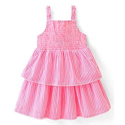 Babyhug Seer Sucker Woven Sleeveless Striped Frock with Floral Corsage - pink