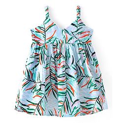 Babyhug Rayon Knit Singlet Sleeves Leaves Printed Frock - Mint