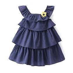 Babyhug 100% Cotton Woven Sleeveless Solid Colour Frock with Floral Applique - Navy Blue