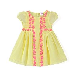 Babyhug Georgette Woven Puffed Sleeves Frock with Floral Embroidery - Yellow