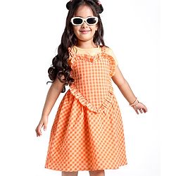 Babyhug Cotton Woven Checked Frock with Half Sleeves Inner Tee - Orange