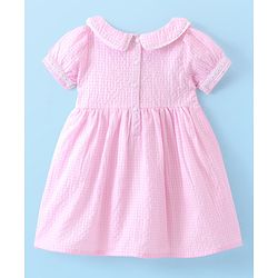 Babyhug Seer Sucker Woven Half Sleeves Checked Frock with Bloomer Floral Embroidery - Pink