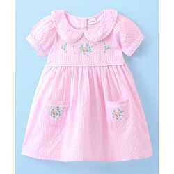 Babyhug Seer Sucker Woven Half Sleeves Checked Frock with Bloomer Floral Embroidery - Pink
