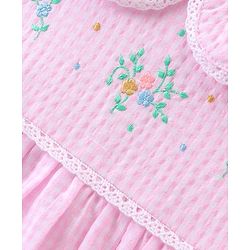 Babyhug Seer Sucker Woven Half Sleeves Checked Frock with Bloomer Floral Embroidery - Pink