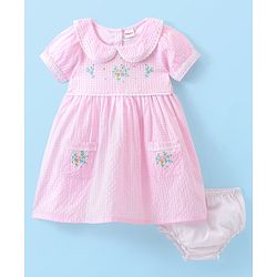 Babyhug Seer Sucker Woven Half Sleeves Checked Frock with Bloomer Floral Embroidery - Pink
