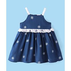 Babyhug Rayon Woven Singlet Sleeves Floral Embroidery Frock - Navy Blue