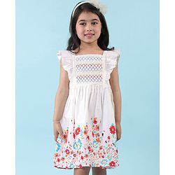 Babyhug Poplin Woven Frill Sleeves Frock with Floral Print - White