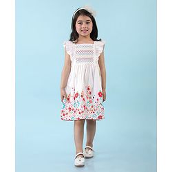 Babyhug Poplin Woven Frill Sleeves Frock with Floral Print - White