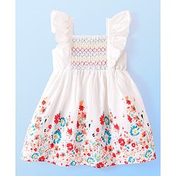 Babyhug Poplin Woven Frill Sleeves Frock with Floral Print - White