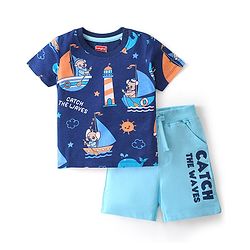 Babyhug 100% Cotton Knit Single Jersey Half Sleeves T-Shirt & Shorts With Light House Print - Blue