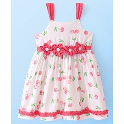 Babyhug Cotton Woven Sleeveless Singlet Frock with Cherry Print & Floral Applique- White & Pink