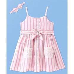 Babyhug Single Jersey Knit Singlet Sleeves Frock Striped With Headband - Pink