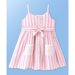 Babyhug Single Jersey Knit Singlet Sleeves Frock Striped With Headband - Pink