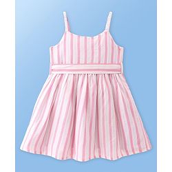 Babyhug Single Jersey Knit Singlet Sleeves Frock Striped With Headband - Pink
