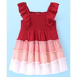 Babyhug Rayon Woven Frill Sleeves Smocking Detailing Colour Block Tiered Frock - Multicolour
