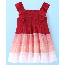 Babyhug Rayon Woven Frill Sleeves Smocking Detailing Colour Block Tiered Frock - Multicolour